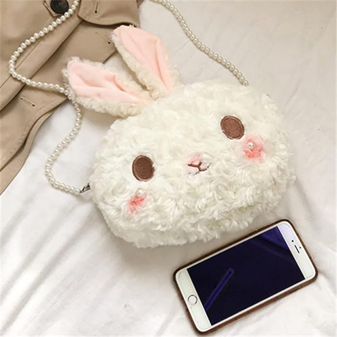 Cute Bunny Crossbody Bag, Cartoon Plush Rabbit Backpack, Kawaii Fluffy Plush, Animal Purse Lovely Lolita Girl Handbag for kids Teenagers Lovely Fluffy Bunny Pearl Backpack - Toyigo