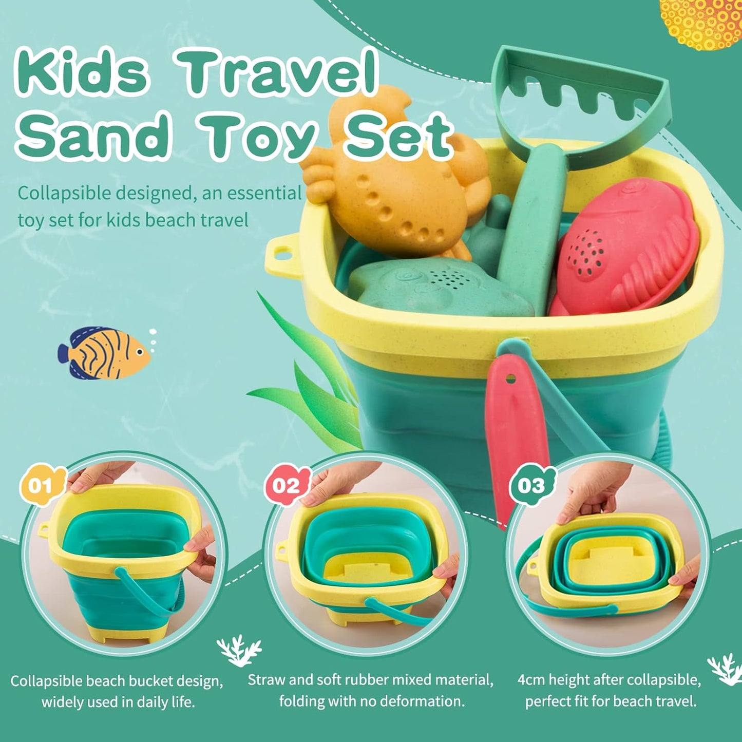 Beach Toys, Sand Toys Set, Includes Collapsible Sand Bucket Shovel and Sand Rake Toys for Beach 12 PCS, Sandbox Toys Sandcastle Building Kit with Waterproof Net (A)  for Kids