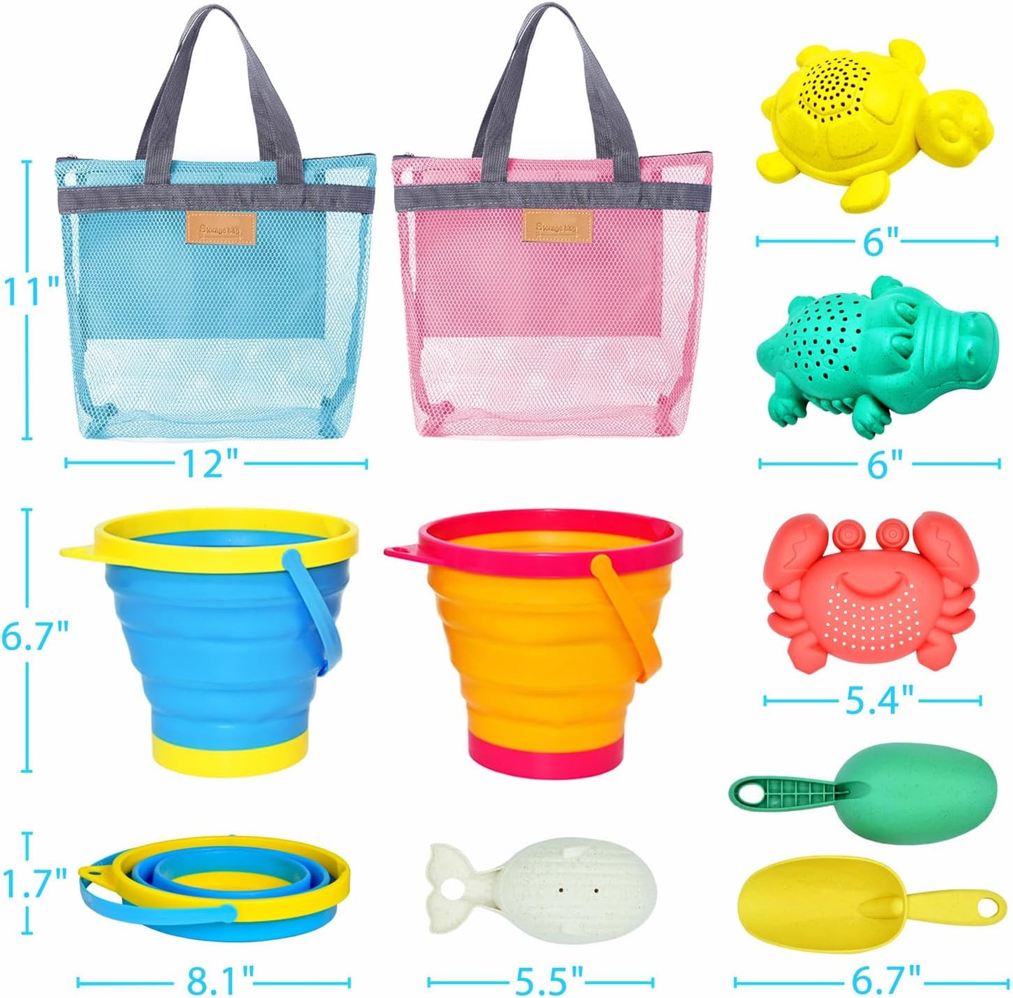 Collapsible Beach Sand Toys, Travel Beach Toys with 2 Collapsible Beach Buckets, Mesh Bags, Sand Molds, Sand Scoops, Sand Bucket Shovel Set Sandbox Toys for Toddler Ages 3-10  for Kids