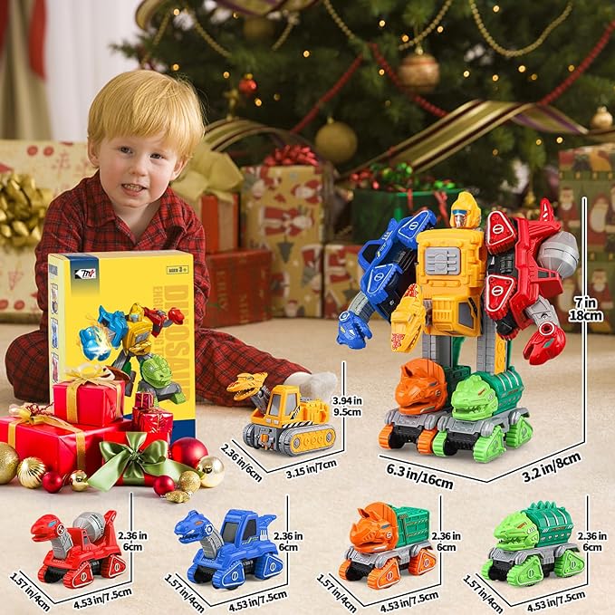 Transforming Toys for 3 4 5 Year Old boy Toys Age 4-6 5-7 Dinosaur Transform Action Figures 5 in 1 Robot Toys Take Apart Car Toy Trucks Construction Vehicle Excavator Toys Birthday Boy Gift