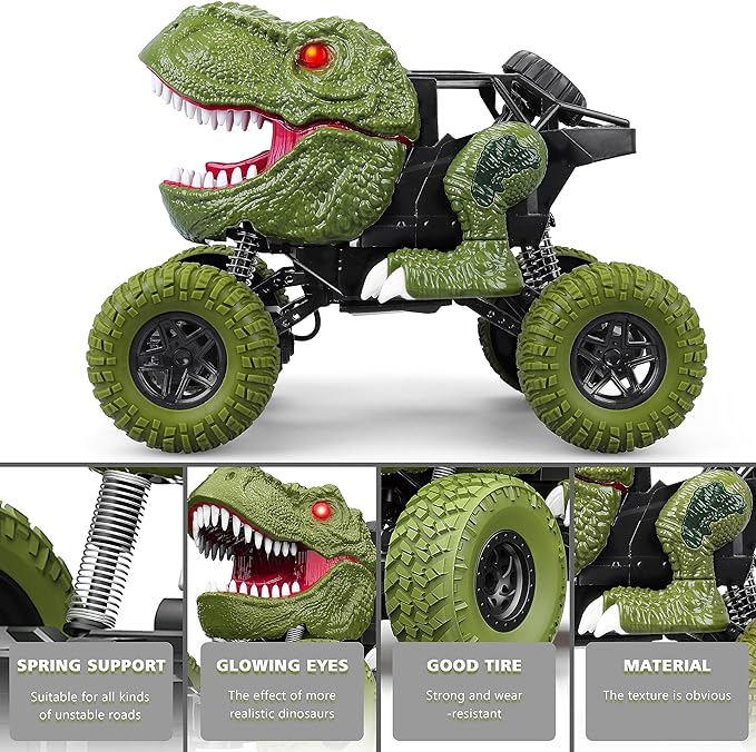 Remote Control Dinosaur Car, 2.4Ghz All Terrain Remote Control Dinosaur Truck with Light, Rechargeable 4WD Off Road RC Car Toys for Kids - Toyigo