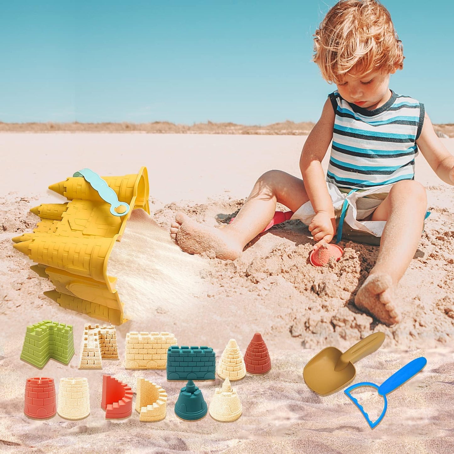 Beach and Sand Castle Kit, 12 PCS Sand Toys for Kids, Outdoor with Sand Castle Bucket, Molds, Rake and Shovel, Great Toys for Beach