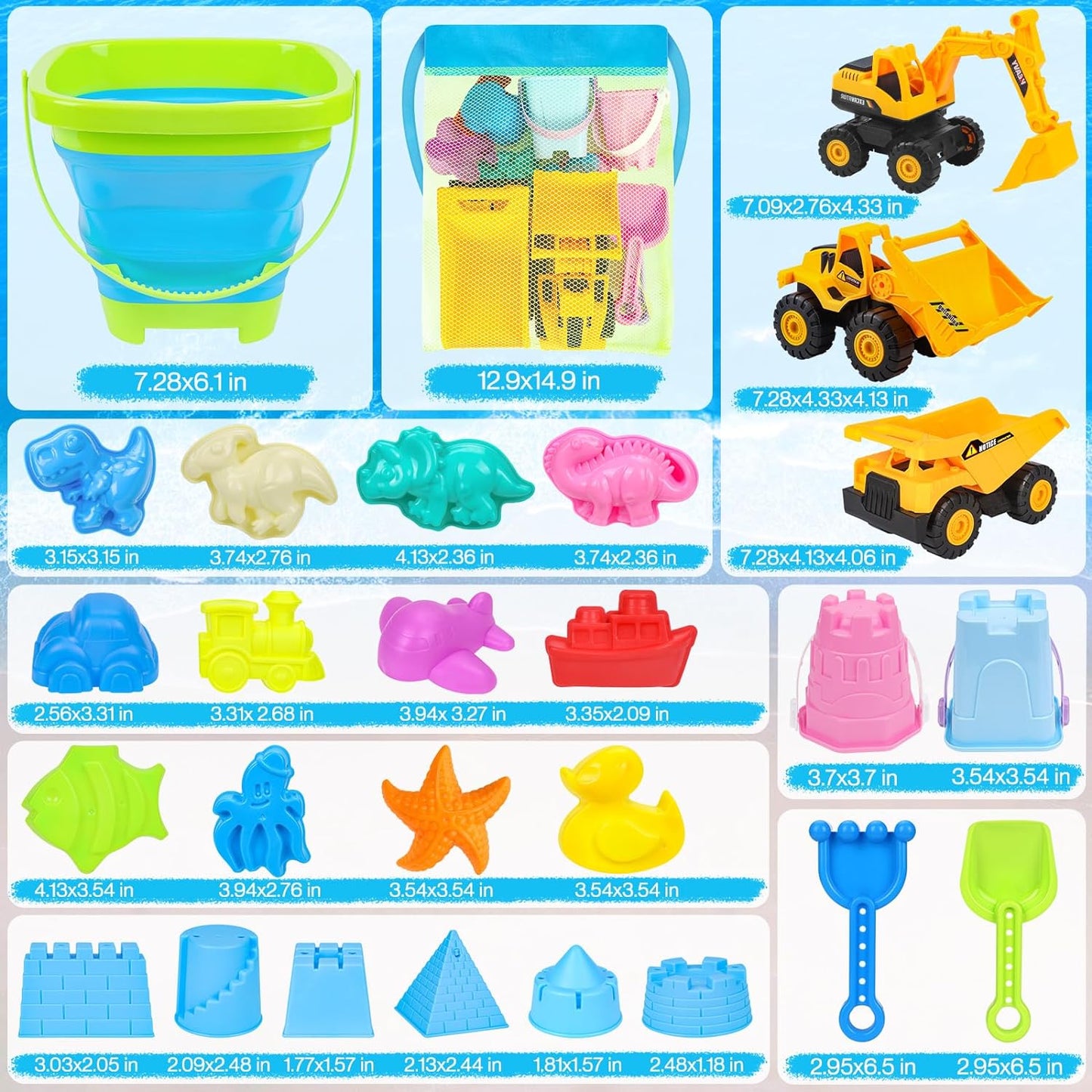 Beach Toys, 35Pcs Sand Toys, Sandbox Toys with 3 Truck 3 Collapsible Beach Bucket, Sand Castle Toys Kit, Animal Dinosaur Molds, Shovel Set, Mesh Bag, Travel Toys for Kids Toddlers Boys Girls