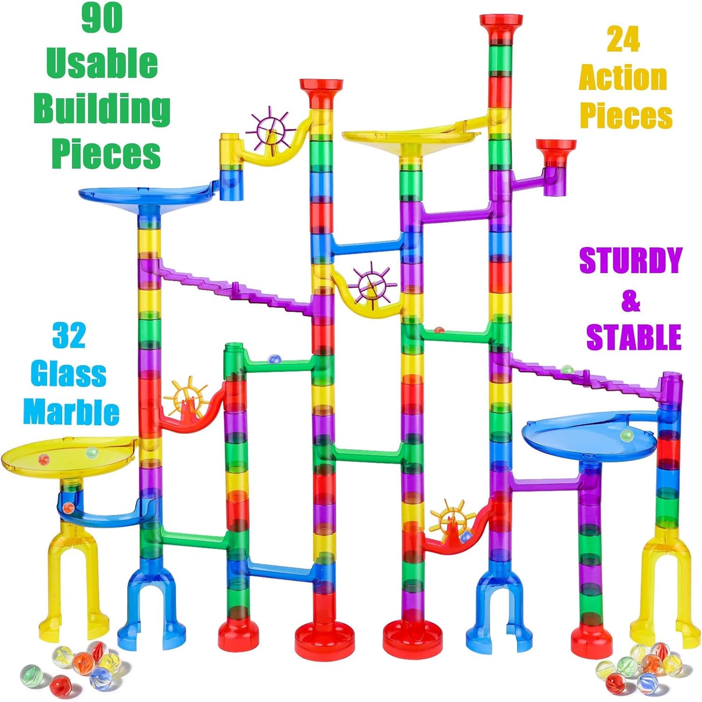 Marble Run Sets Kids, 122 PCS Marble Race Track Game, 90 Translucent Marbulous Pieces + 32 Glass Marbles, STEM Marble Maze Building Blocks Kids 4+ Year Old