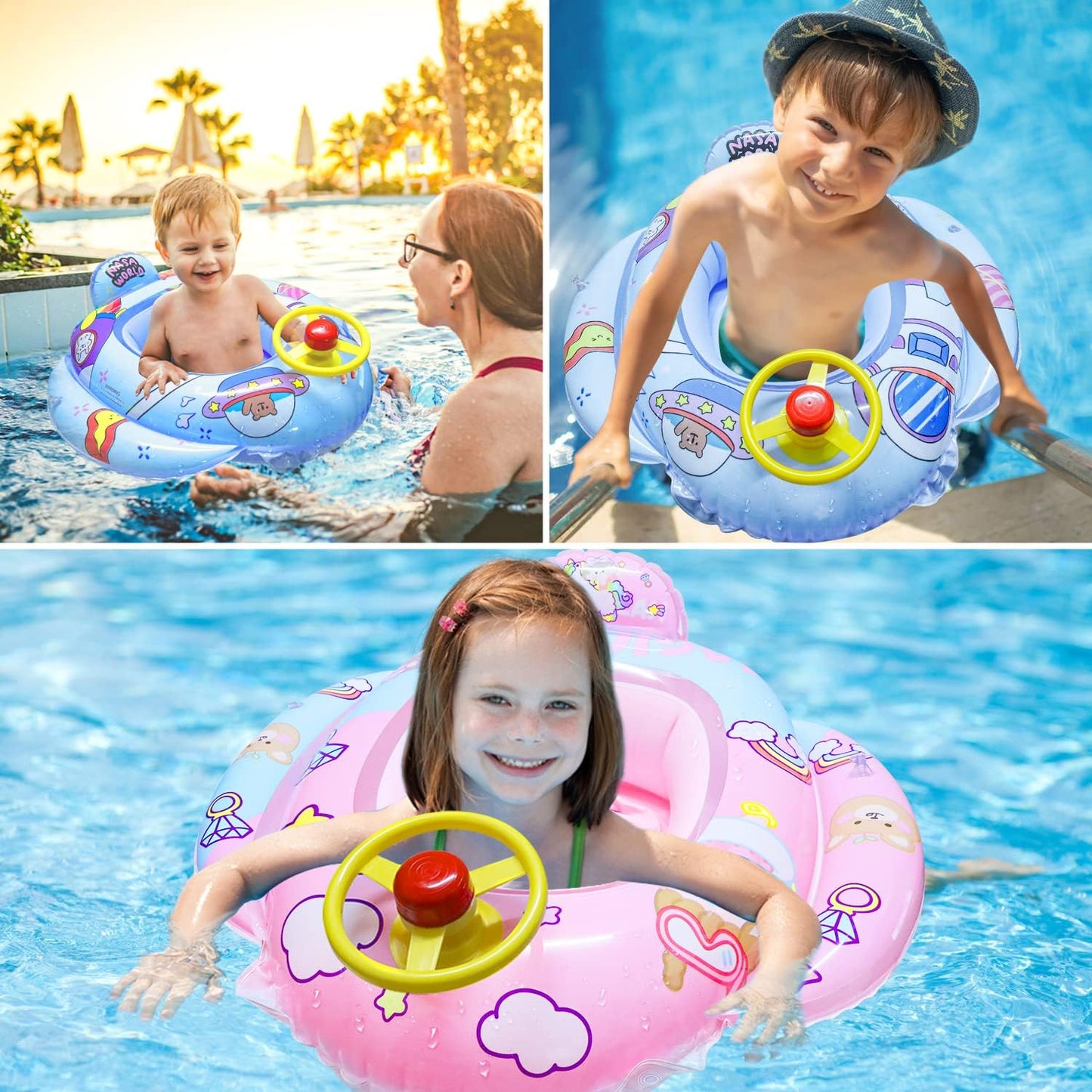 Baby Inflatable Pool Float, Swimming Float Boat with Steering Wheel Horn Inflatable Ride-on Summer Pool Swim Ring Beach Supplies Toddlers Age 1-4 Boys Girls for Kids