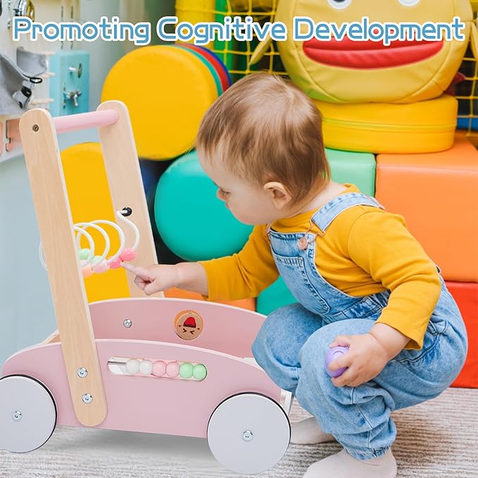 Wooden Baby Walker, Push Toys for Babies Learning to Walk, Shopping Cart for Kids Garden Wagon and Play Set with Abacus Blocks, Push and Pull Learning Walking Educational Gift for Toddler Boy