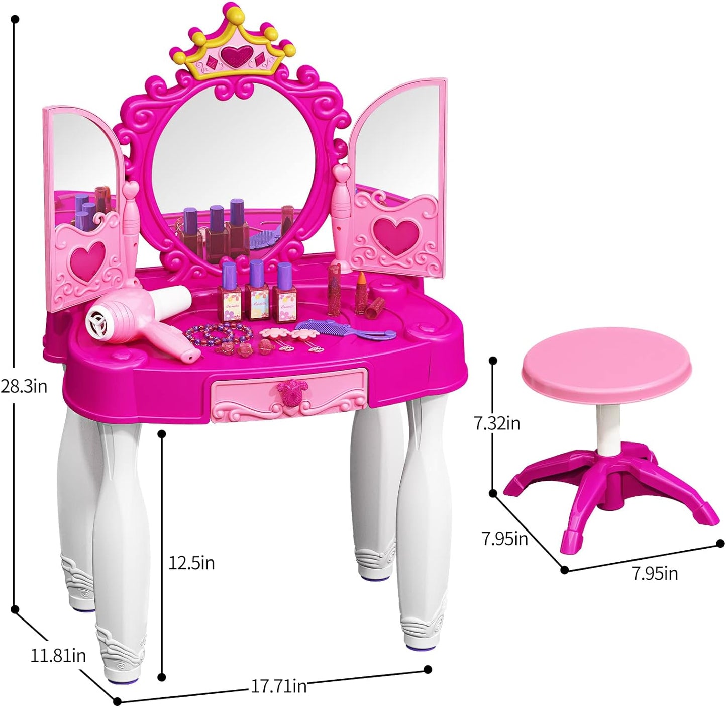 Toddler Makeup Table with Mirror and Chair, Kids Makeup Vanity Set with Accessories and Lights,  Music Sound for Girls, Toddlers 3-5 Years Old