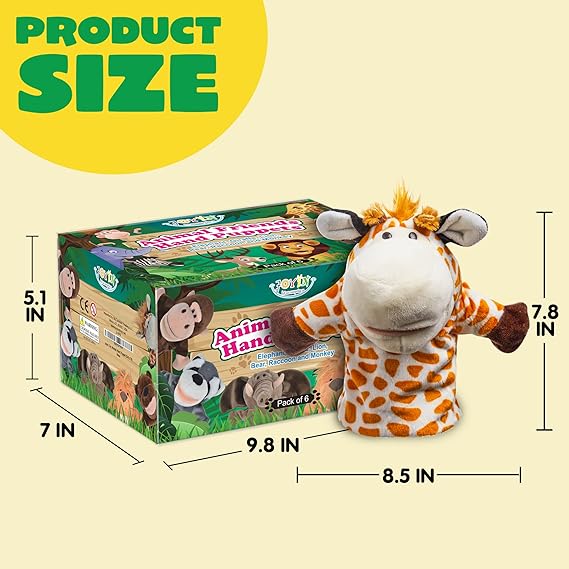 6Pcs Kids Hand Puppet Set with Working Mouth, Toddler Animal Plush Toy Includes Elephant, Giraffe, Lion, Bear, Raccoon and Monkey for Show Theater, Birthday Gifts, Easter Basket Stuffers