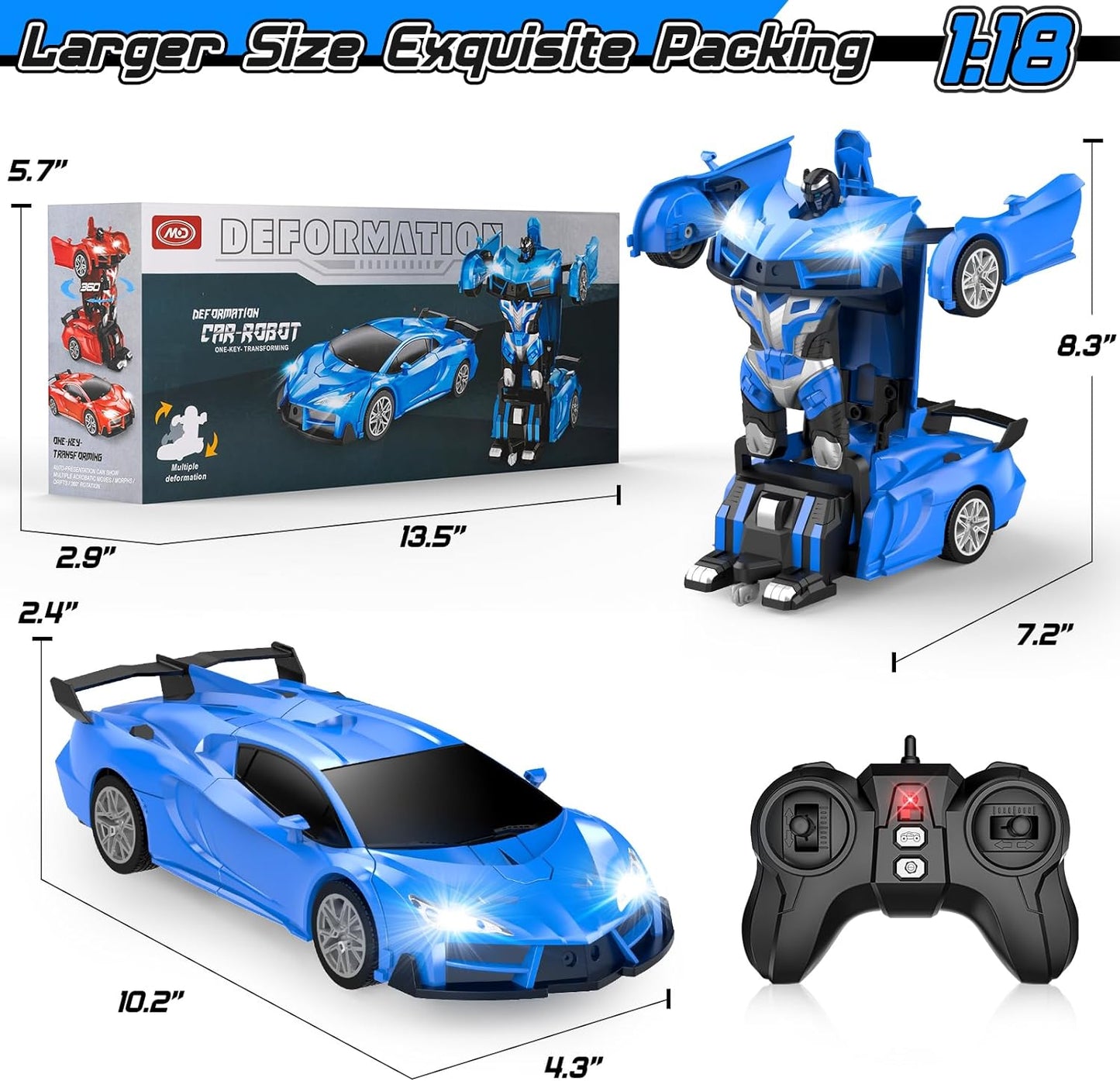 Remote Control Car, Transform Robot RC Cars, Cool LED Headlights, 2.4Ghz Toys Car, 360 Degree Rotation and One-Button Deformation, Christmas Birthday Gifts for Boys Girls - Toyigo