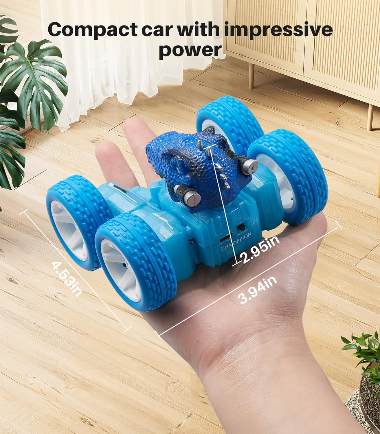 Dinosaur Remote Control Stunt Car, Stunt Car with One Key Demo, 360øRotation, Electric Hobby RC Car, Tyrannosaurus for 3 4 5 6 7 8 Year olds Kids Boys Girls-Blue - Toyigo