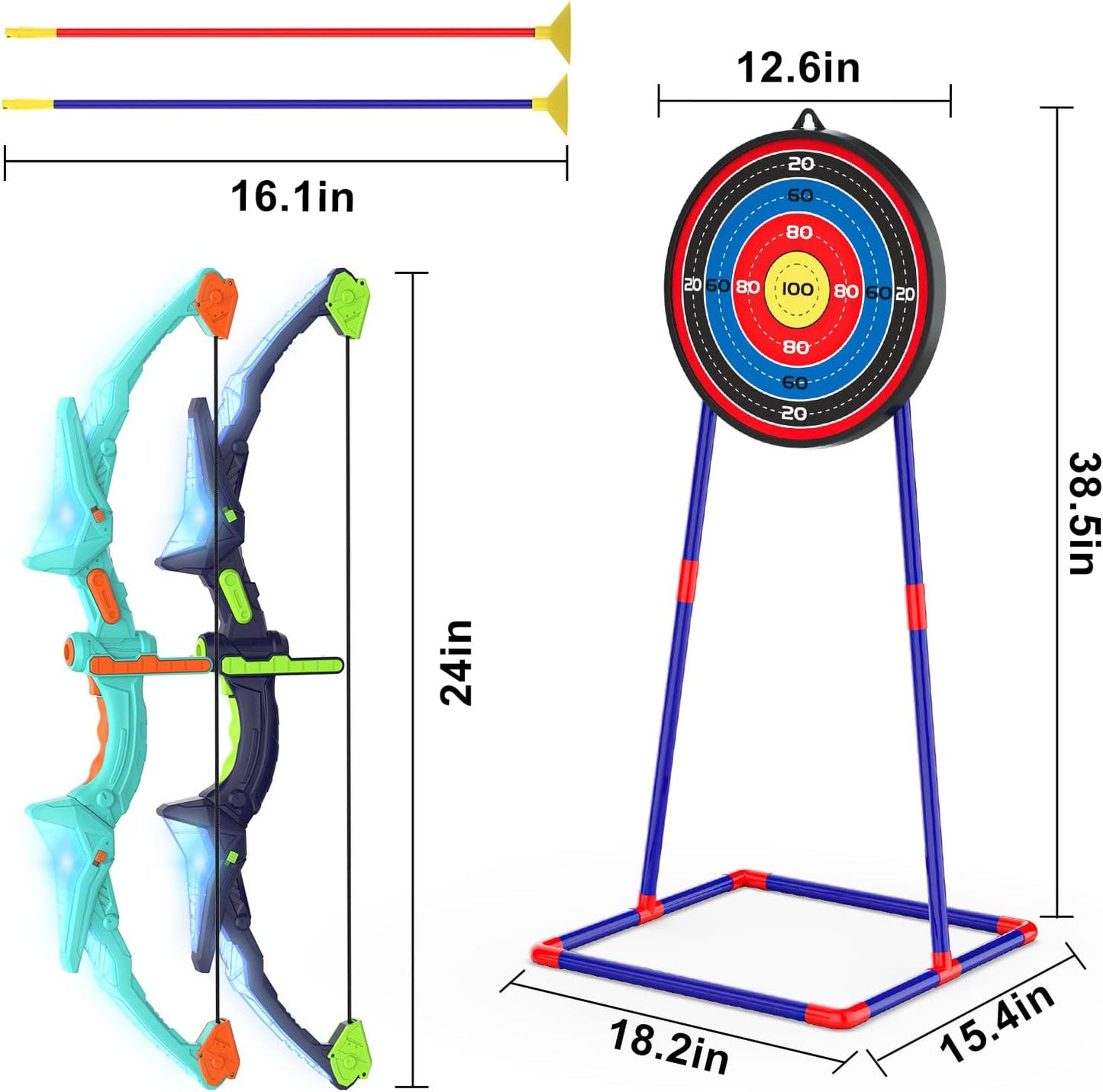 Bow and Arrow Set with LED Flash Lights, 2 Pack Kids 14 Suction Cup Arrows and Fluorescence Standing Target-Perfect Indoor and Outdoor Archery Set Toy Gift for Boys and Girls Ages 4-12