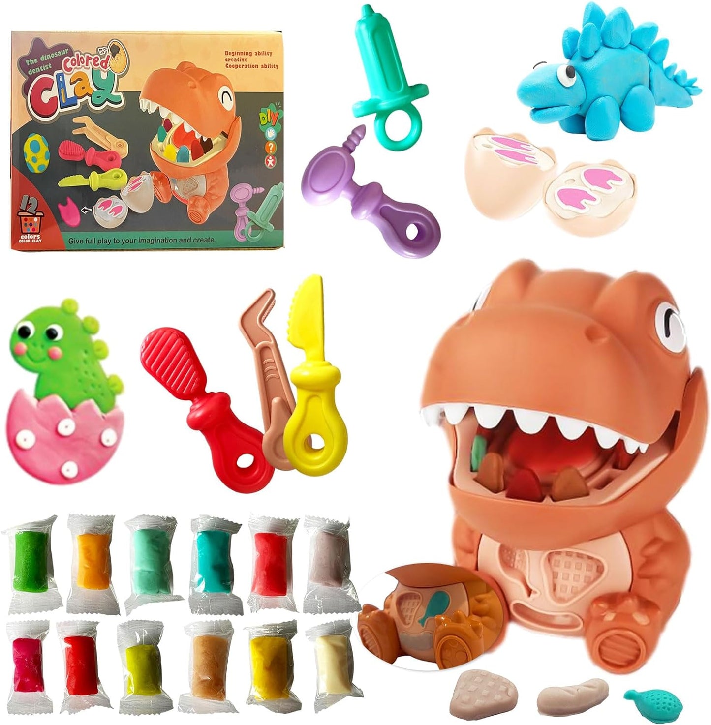 Dough Dentist Dinosaur Toy Set, Doctor Drill and Fill Dentist, Playset with Dough and Molds Accessories, Clay Modeling Kit for Kids 3 Years Old and Up Gift Set