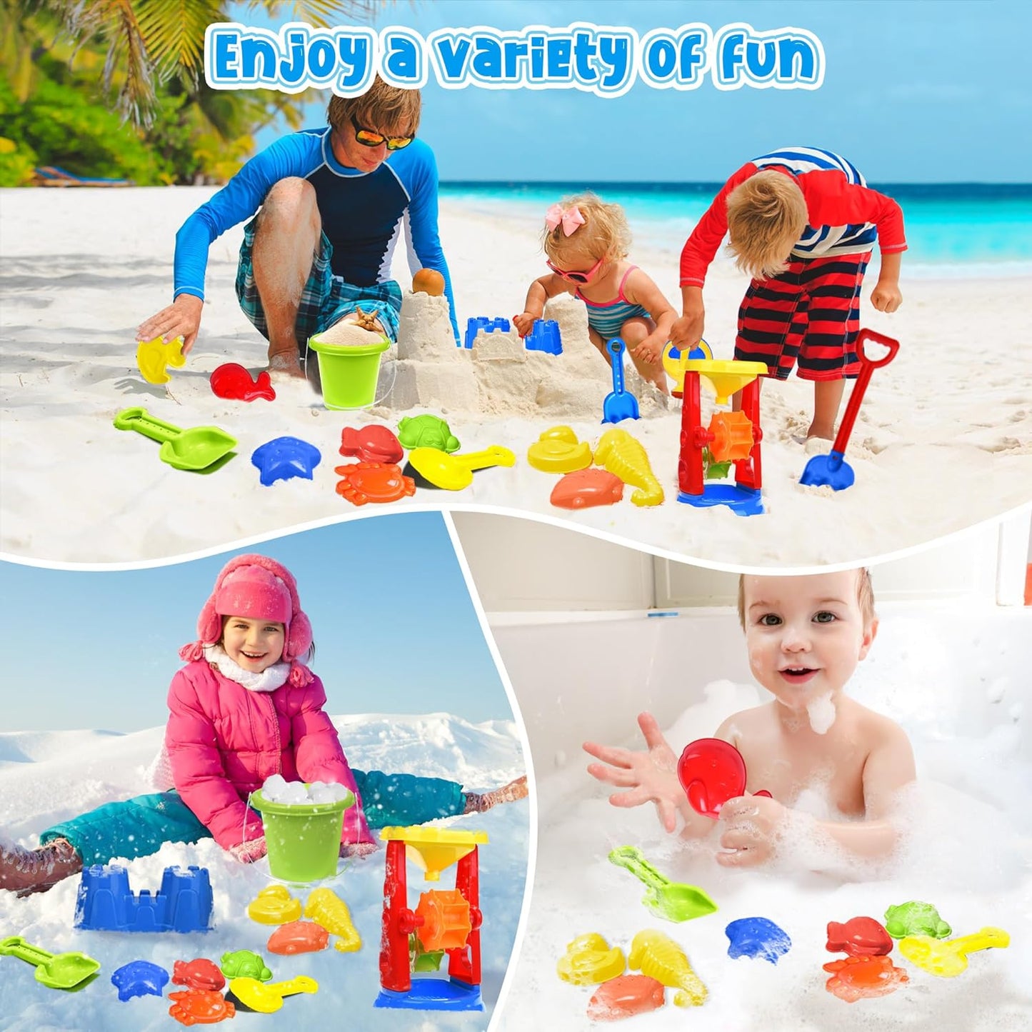 Beach Toys, 19 Piece Sand Toys Set Kids Sandbox Toys, Includes Water Wheel Beach Tool Kit, Bucket Watering Can Molds Sand Toys Mesh Bag for Travel, Beach Toys for Kids Ages 3-13