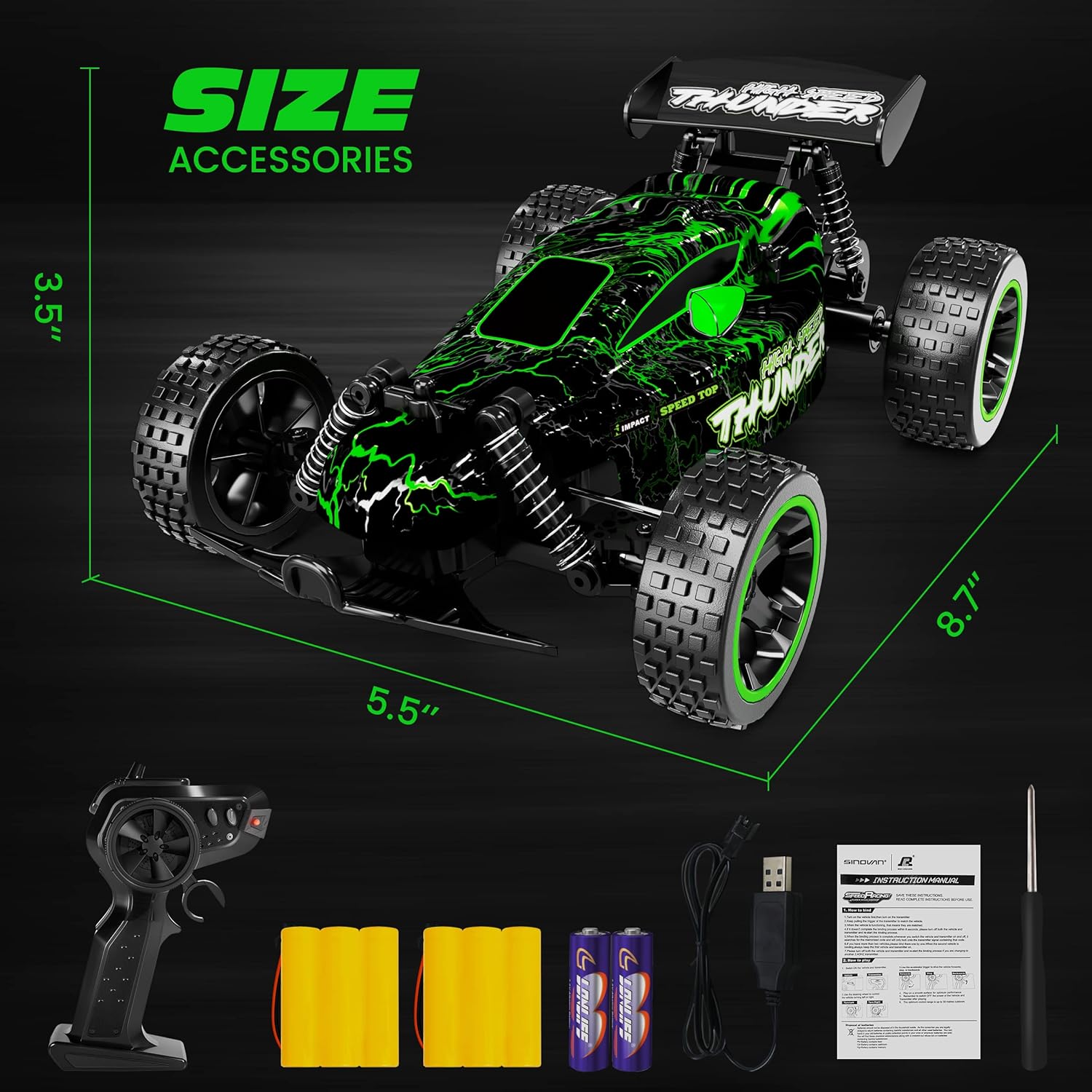 RC Car, Remote Control Car,  1:18 Scale RC Car with LED Lights, 2.4GHz 2WD All Terrain RC Car with 2 Rechargeable Batteries for 60 Min Play, 40 Mins Play, Gift for Boys and Girls - Toyigo