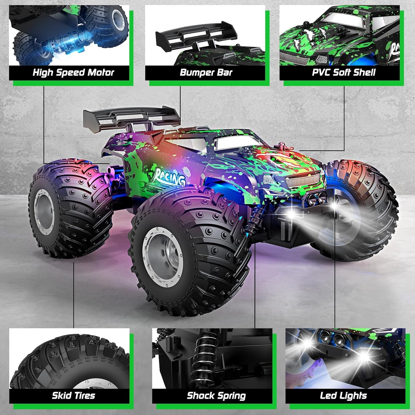 1:18 4WD High-Speed RC Monster Truck, High Speed 25 Km/H Remote Control Car, 2.4Ghz All Terrain Off Road Car with Rechargeable Batteries, Boys, Kids & Adults Gift