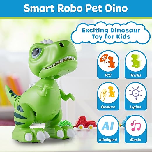 Power Your Fun Robo Pets T-Rex Dinosaur Toy for Boys and Girls, Remote Control Robot with LED Light Eyes, Interactive Hand Motion Gestures, STEM Program Treats, Walking Dancing Kids - Toyigo