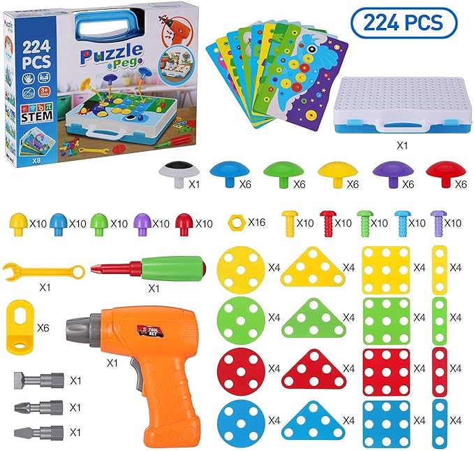 Building Toys for Kids, Screwdriver Toy Set with Electric Drill and Button Art, Engineering Toys Creative Pegboard Games STEM Kits for Boys & Girls 3 4 5 6 7 8 Year Old