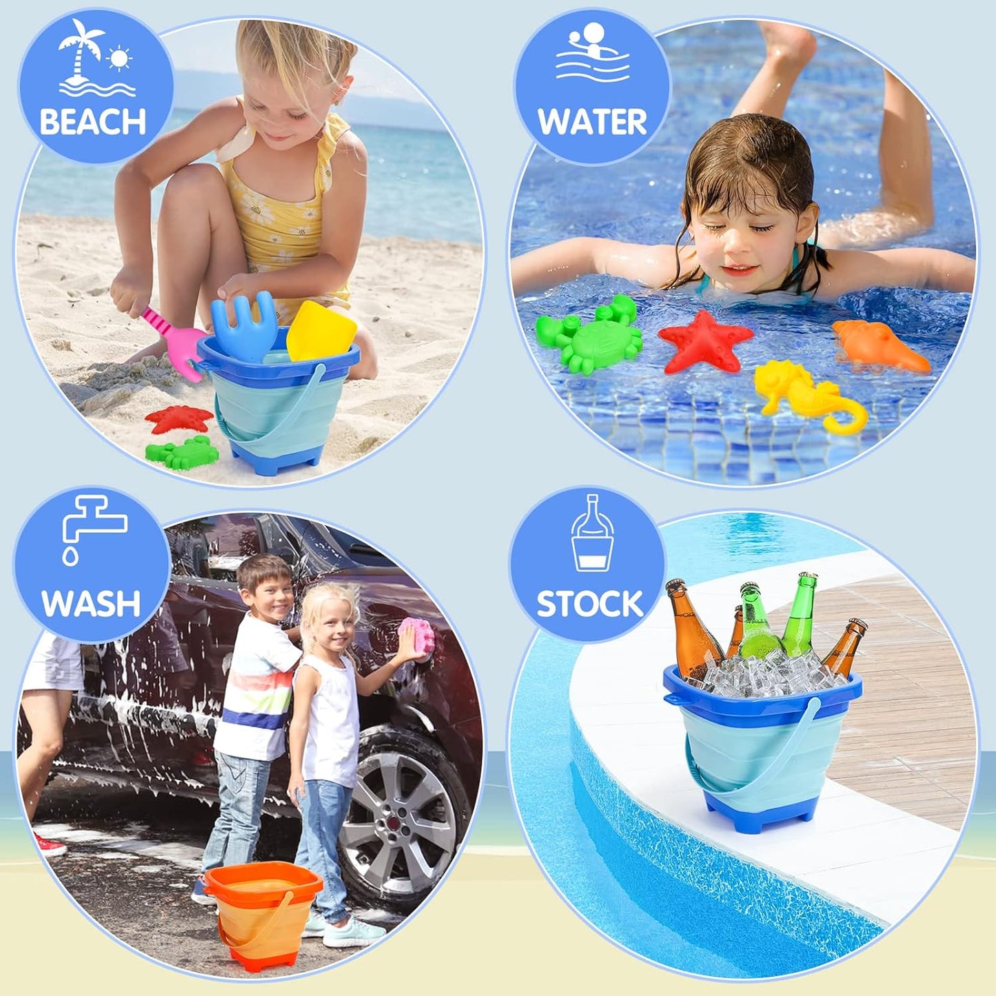 Beach Toys, Collapsible Sand Castle Toys for Beach Include 3 Pack Foldable Buckets, Shovels Molds and Storage Mash Bag for Kids 3-10, Sandbox Travel Toys for Toddlers Kids