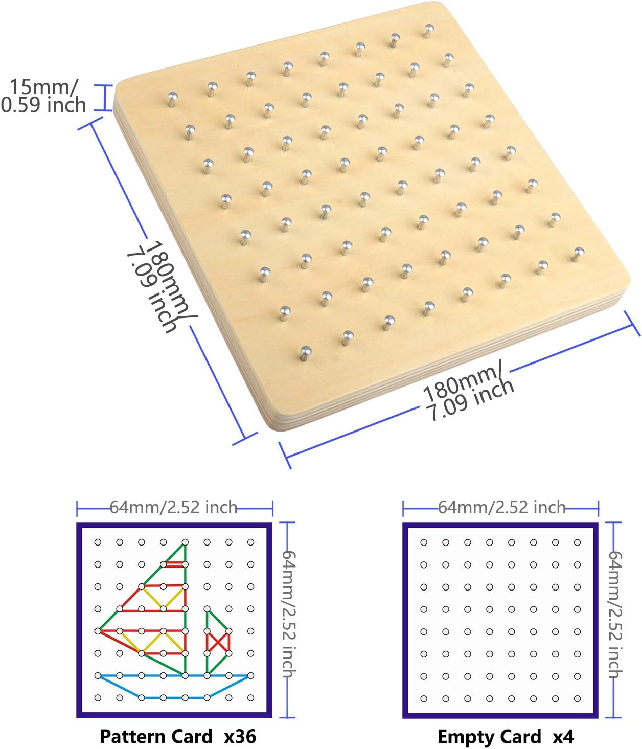 Montessori Wooden Geoboard, Mathematical Manipulative Material, Array Block Geo board with 36Pcs Pattern Cards and Rubber Bands, Matrix 8x8 for Kids Graphical Educational Toys Early Development Toy