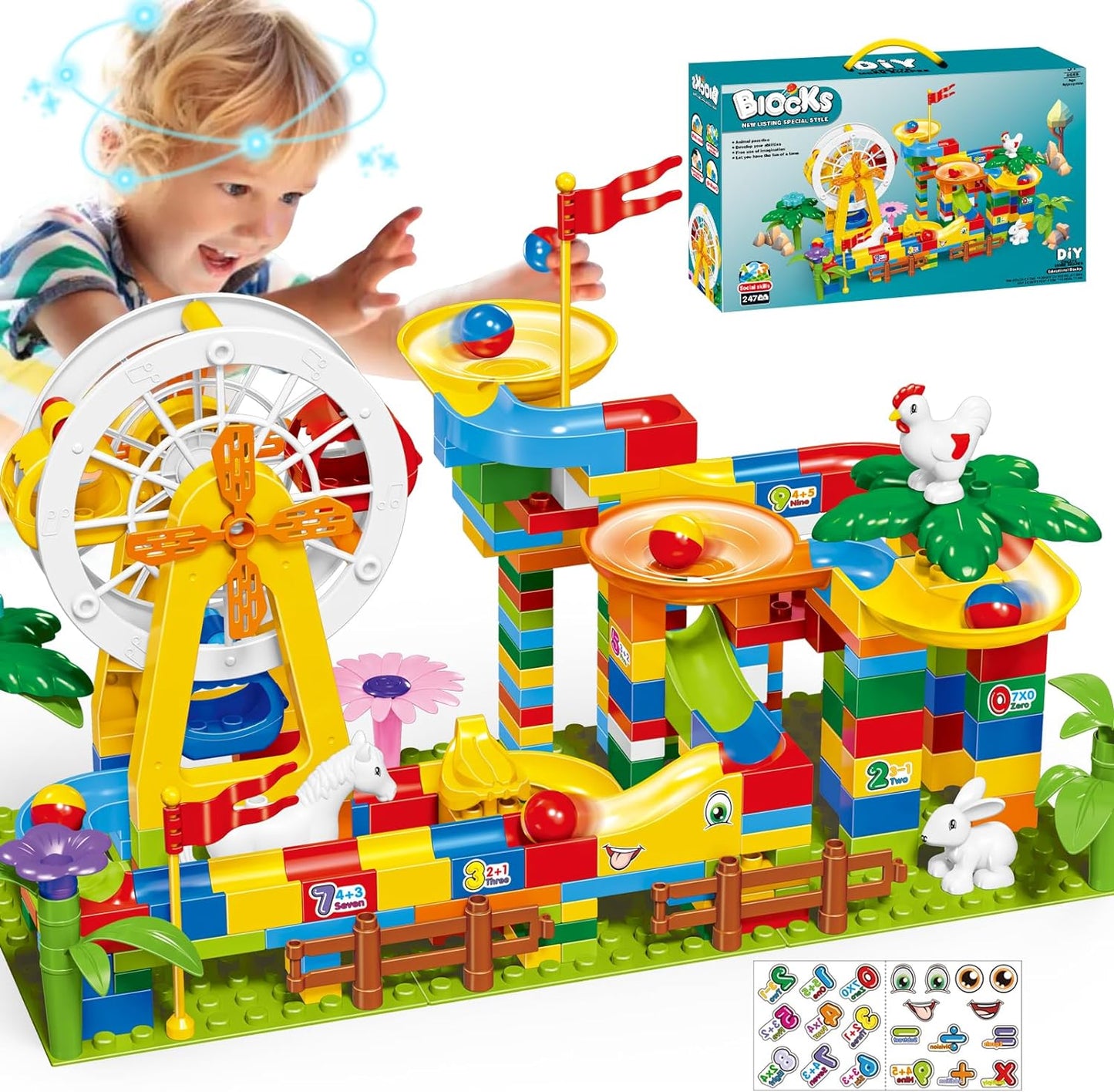 Marble Run, 247 PCS Ferris Wheel Marble Maze Game Building Toy Set,  Race Track with Animals Compatible with Major Brands, Marble Run Building Blocks for Kids Ages 3+, for Boys and Girls Christmas