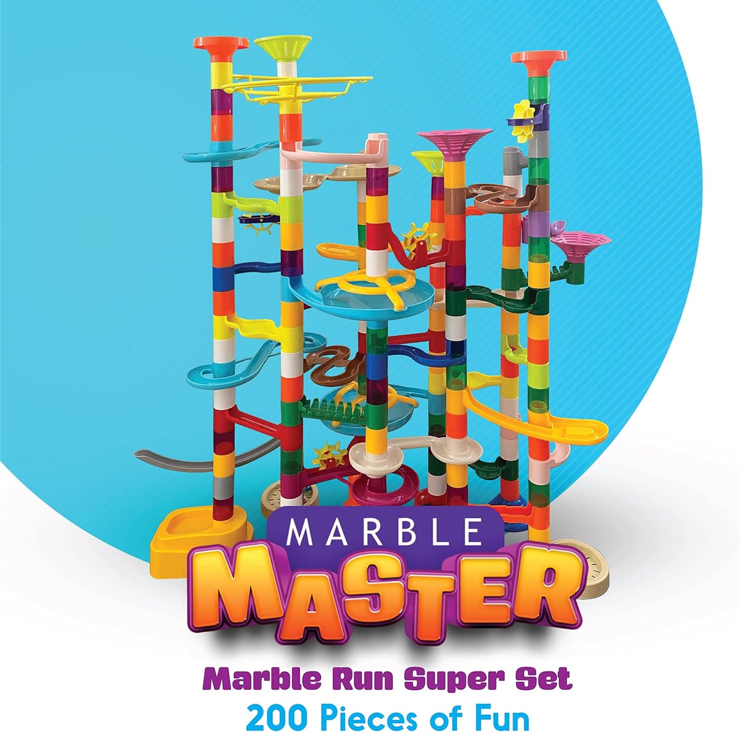 Marble Run, 200pc Building Set & Glow in The Dark Glass Marbles, Build Large Roller Coaster Tracks & Racing Circuit Runs,  STEM Toy Track Builder Kit, for Boys & Girls, for Kids Ages 8-12