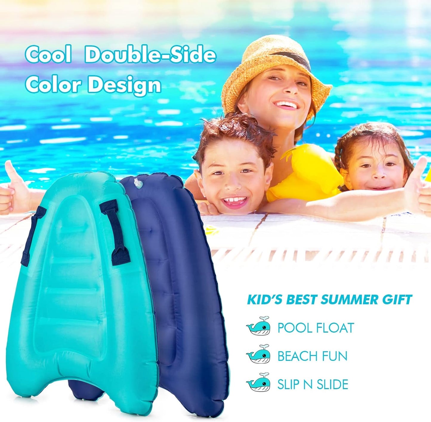 Inflatable Surf Body Board with Handles, Lightweight Swimming Floating Surfboard Aid Mat Learn to Swim, Beach Safety Theme Surfing Swimming Summer Water Fun Toy for Both Kids and Adult