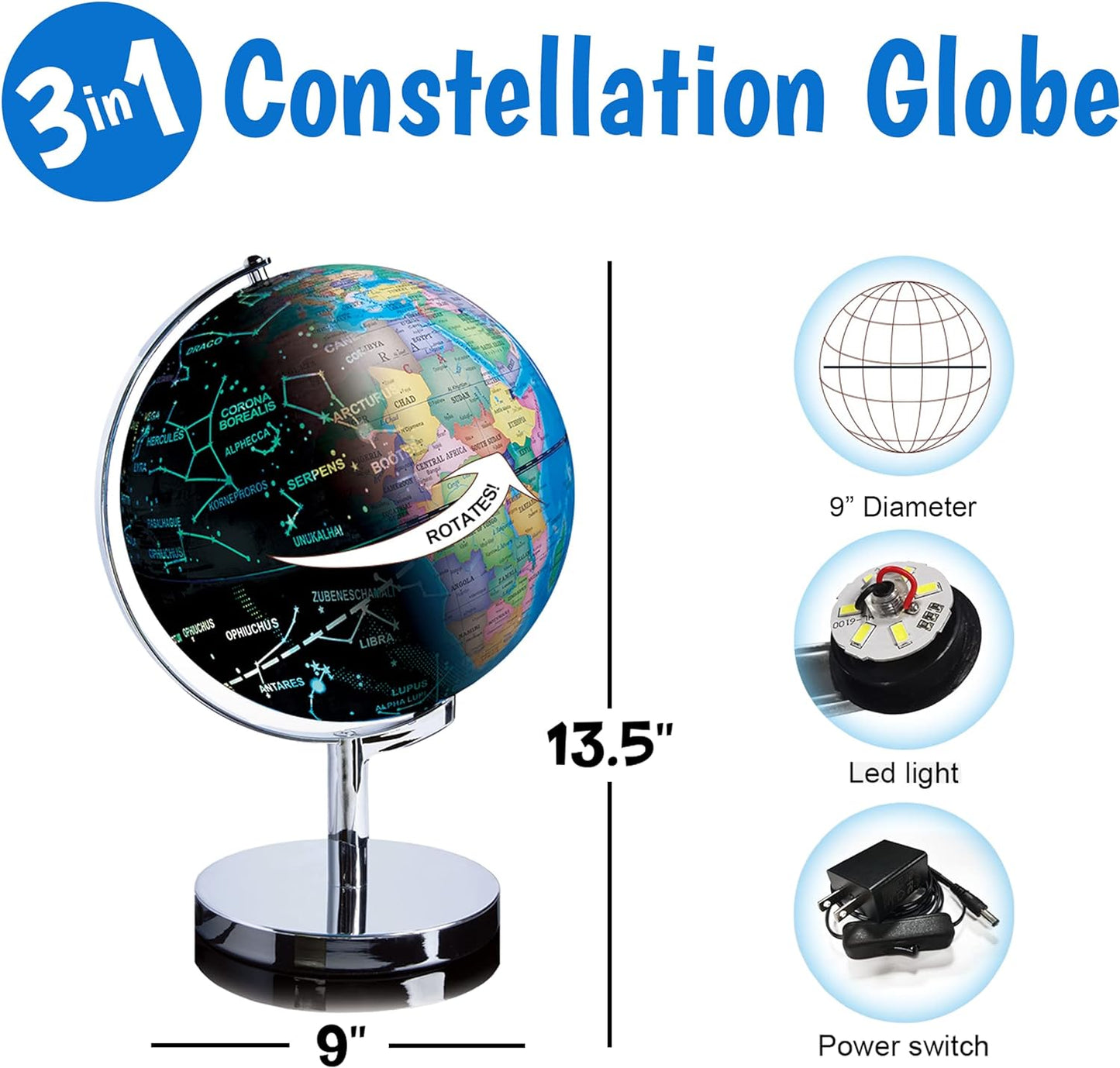 Illuminated Globe With Stand, 3-in-1 World Globes, Constellation Globe Night Light, Globe Lamp With LED, Non Tip Base Globe, 13.5 Inch Tall Globe, 9 Inch Diameter