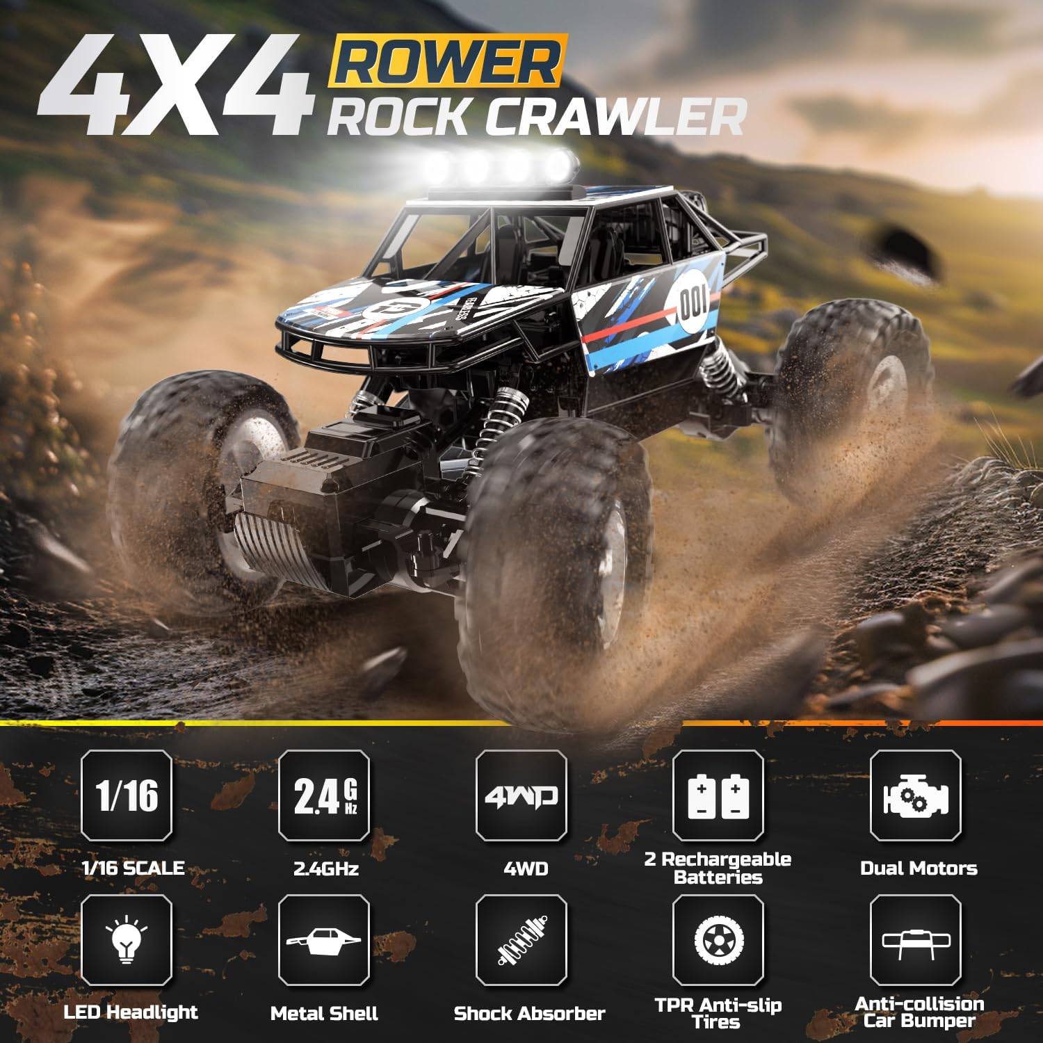 RC Cars Remote Control Car, 1:14 Remote Control Truck, 1:14 Off Road Monster Truck, Metal Shell 4WD Dual Motors LED Headlight Rock Crawler,2.4Ghz All Terrain Hobby Truck with 2 Batteries for 90 Min Play,Boy Adult Gifts - Toyigo