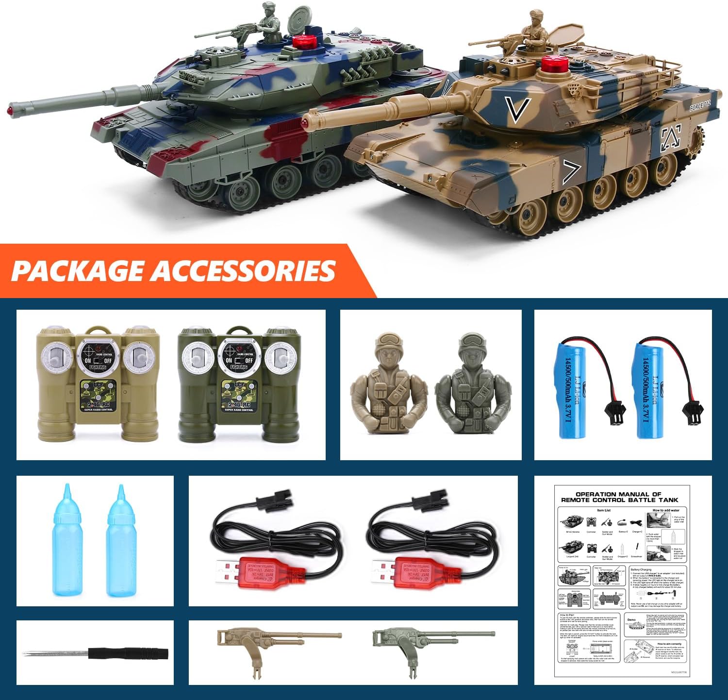 RC Tank Set, 35 Mins Playtime Remote Control Military Toys, 1/24 Scale RC Army Battle Tanks with Life Indicators and Spray, Set of 2 RC Vehicles for Kids and Adults - Toyigo