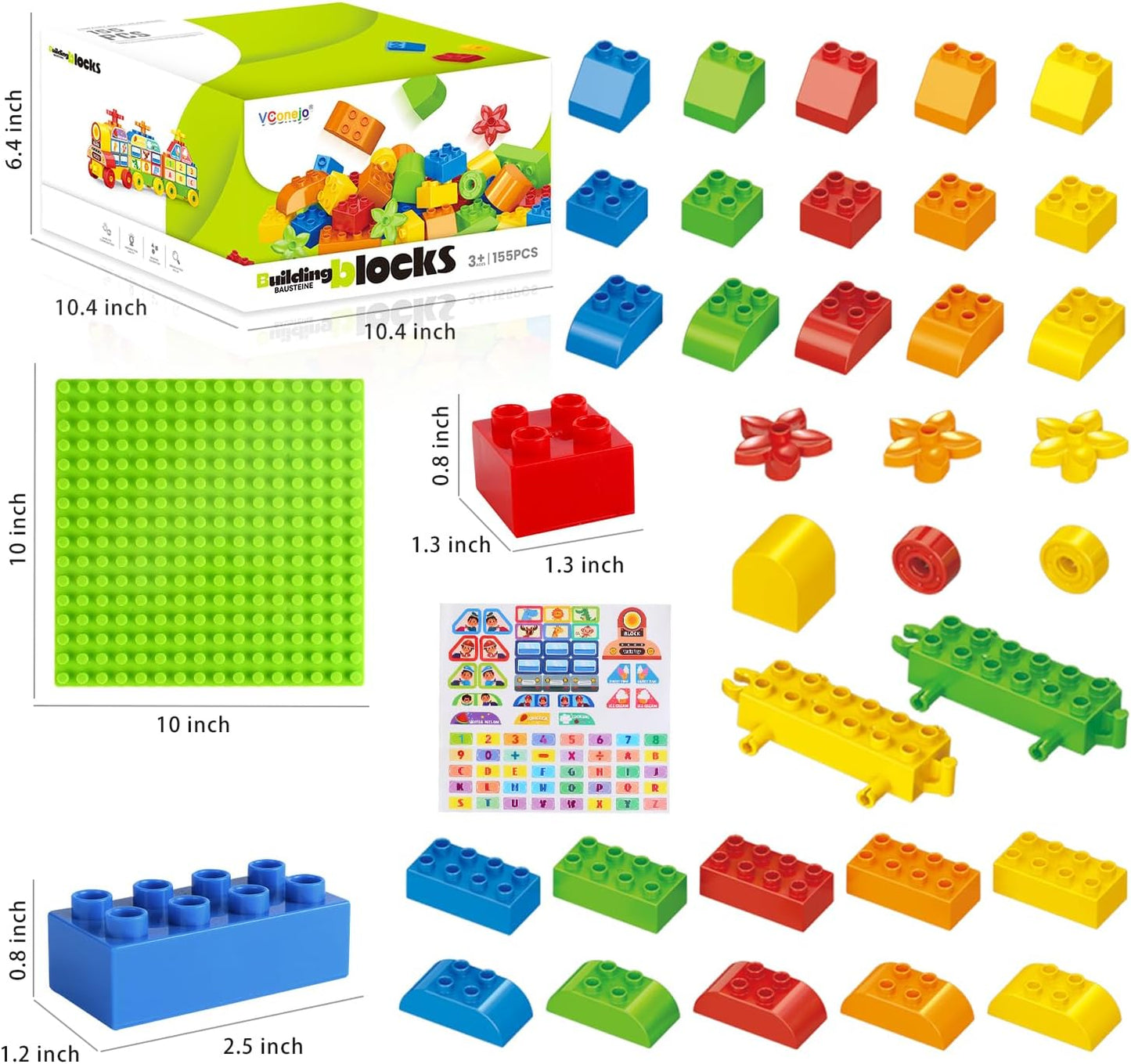 Building Blocks for Toddlers 2-4 Years, Big Classic Building Bricks with A Baseplate, 155 Pieces Large Blocks, Compatible with All Major Brands