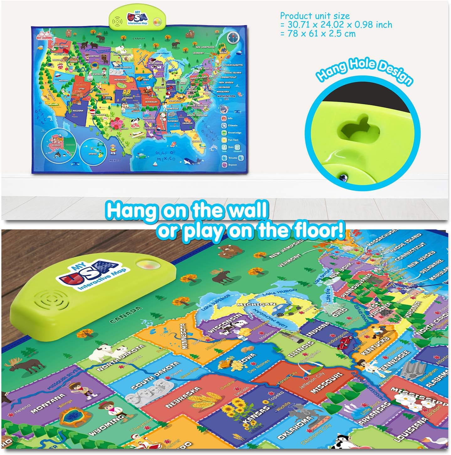 Educational Smart Talking Poster Toy, USA Interactive Map, Smart Learning Toy, Geography Electronic Game Educational Talking Poster for Children, Boy or Girl Ages 5 to 12 Years - Toyigo