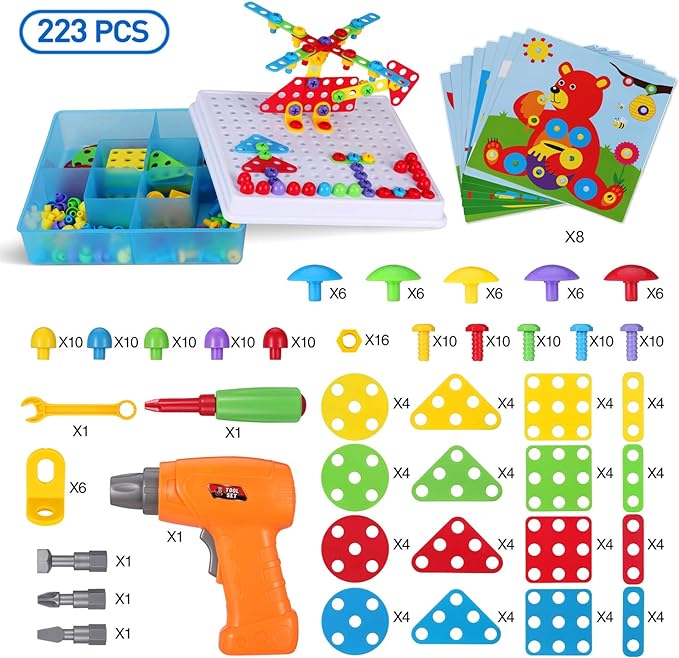 Creative Mosaic Drill Set for Kids, 223 Pieces Toy Drill and Screwdriver Puzzle Kit, STEM Engineering Education Learning Building Block Toys, Game Activities Center for Kids Ages 3-10 Years Old