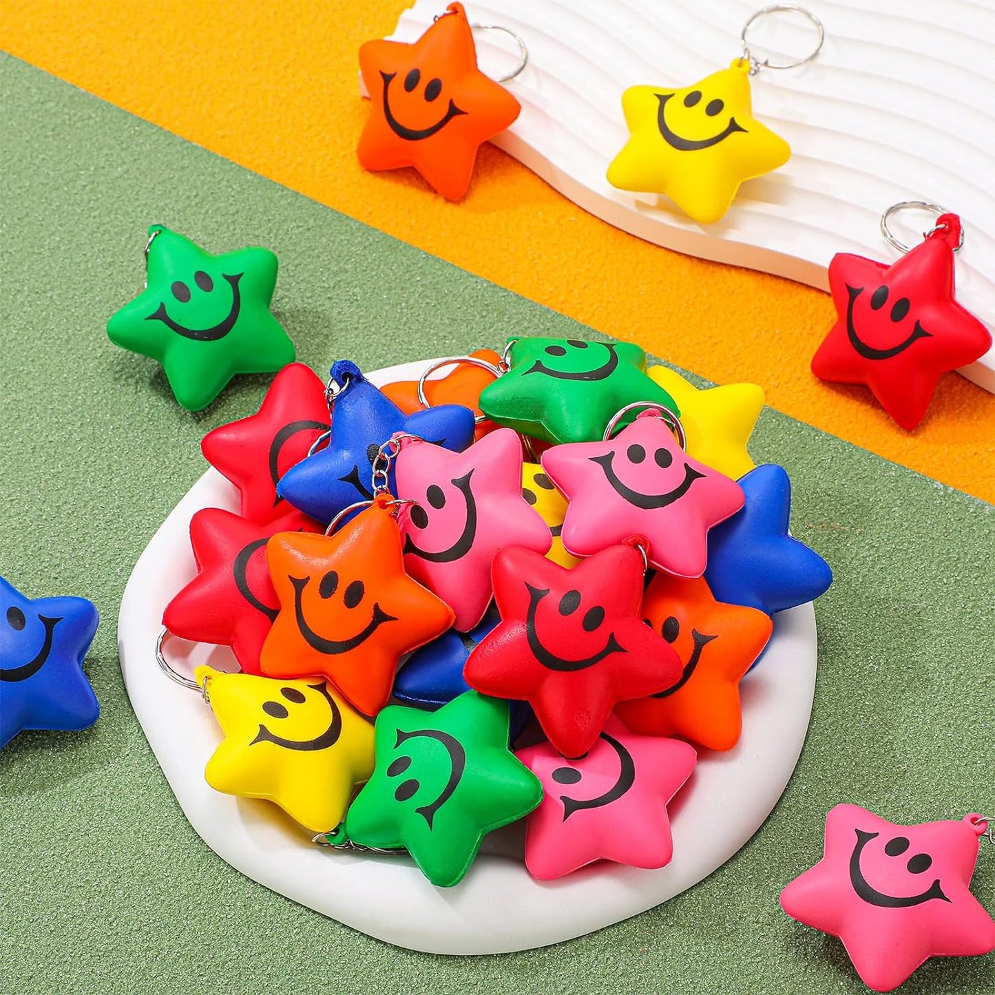 24 Pieces Star Stress Ball Keychains Smile Face Mini Foam Ball Chains for Kids Valentine Classroom Exchange Gifts Adults School Carnival Classroom Student Rewards Party Bag Fillers (Colorful)