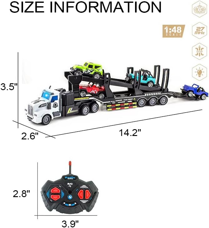 Transporter Truck, Remote Control Car Transporter Truck Includes 4 Cars, 1:48 Mini RC Toy Semi Truck Trailer with 2pcs Rechargeable Batteries, Carrier Car Truck Vehicle with Lights for Kids - Toyigo