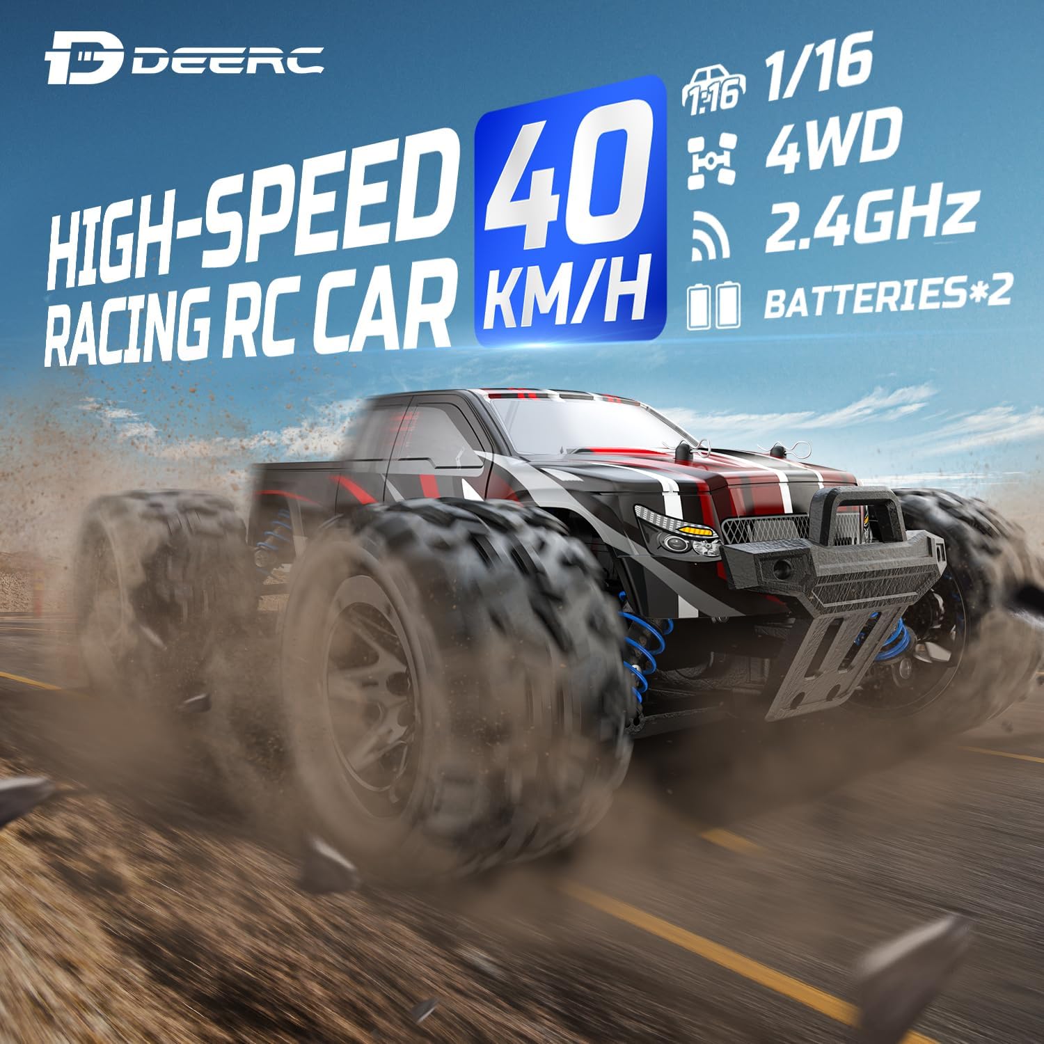 Remote Control Car, High Speed RC Cars, 2.4GHz  All Terrain Toy Trucks with 2 Rechargeable Battery, RC Cars for Kids Adults 1:16 Scale 40 KM/H 4WD Off Road Monster Trucks - Toyigo