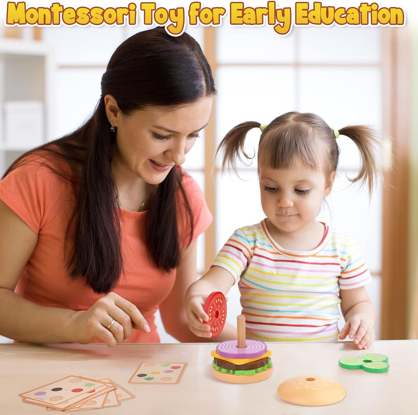 Montessori Stacking Toys, Educational Learning Toy, Wooden Burger for 3 Year Old Toddlers, Fine Motor Skill Development, Toddler Stacking Toy - Toyigo