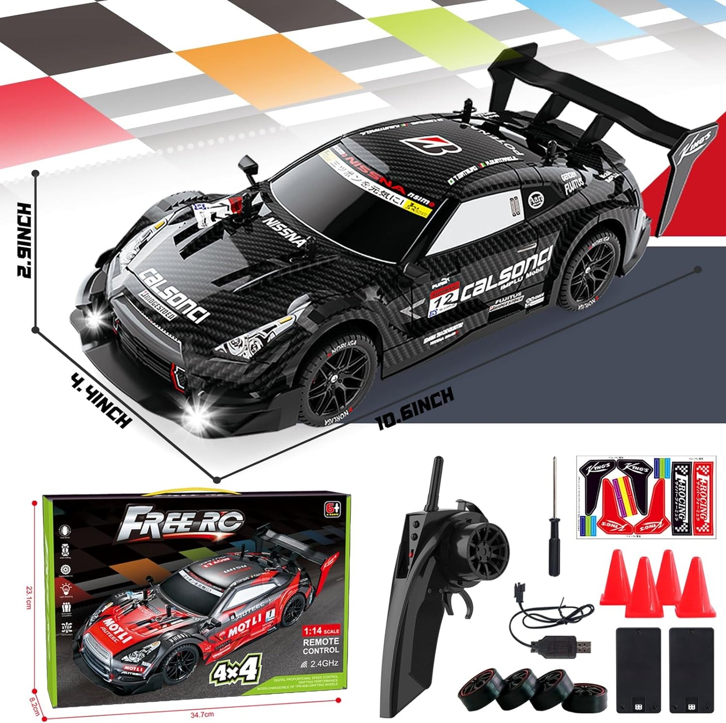 Remote Control Car, RC Drift Car,  1:16 Scale 4WD RC Car with LED Lights, 2.4GHz 30km/h RTR High Speed Racing Sport Toy Car, Adults Boys Girls Kids Gift 2Pcs Rechargeable Battery - Toyigo