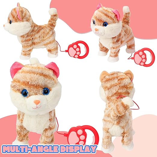 Electric Musical Cute Kitty Toy Remote Control Walking Nodding Pet Cat Stuffed Animal Meows Wags Tail Plush Interactive Gifts for Kids,9.5"