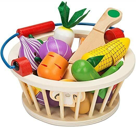 Wooden Fruit Basket Play Set with Magnetic Vegetables, Simulation Kitchen Toy for Kids