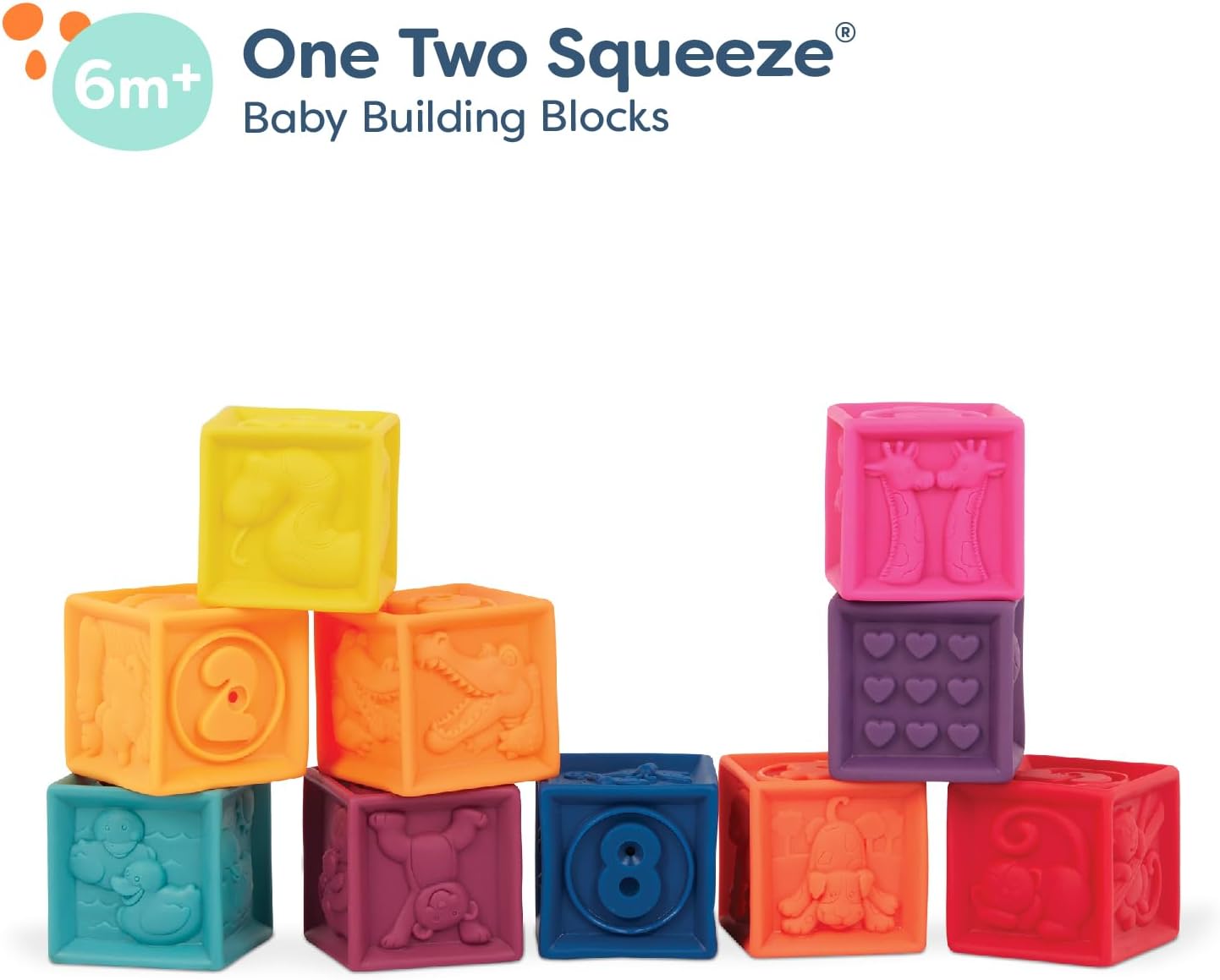 Baby Blocks, Stacking & Building Toys For Babies, 10 Soft & Educational Blocks- Numbers, Shapes, Colors, Animals- One Two Squeeze- 6 Months +