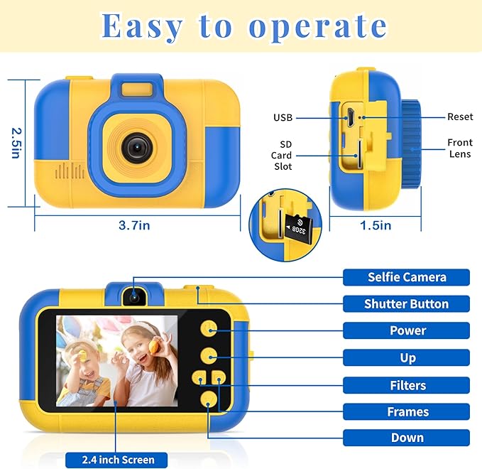 Kids Camera for Girls, 1080P HD Digital Video Cameras for Kids, Toddler Selfie Toy Camera Christmas Birthday Gifts for Kids Age 3-10 with 32GB SD Card Blue - Toyigo