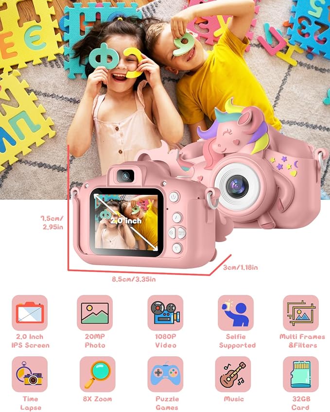 Kids Camera for 3-8 Years Old Toddlers Childrens Boys Girls Selfie Camera 20.0 MP HD 1080P IPS Screen Dual Digital Toy Camera for Kids Christmas Birthday Gifts