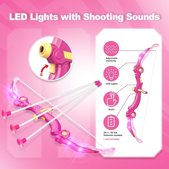 Bow and Arrow Toys for Girls 5 6 7 8 Years Old, Archery Set Includes Super Bow with LED Lights, 10 Suction Cups Arrows,Archery Set with Standing Target and 3 Target Cans, for Girls - Toyigo