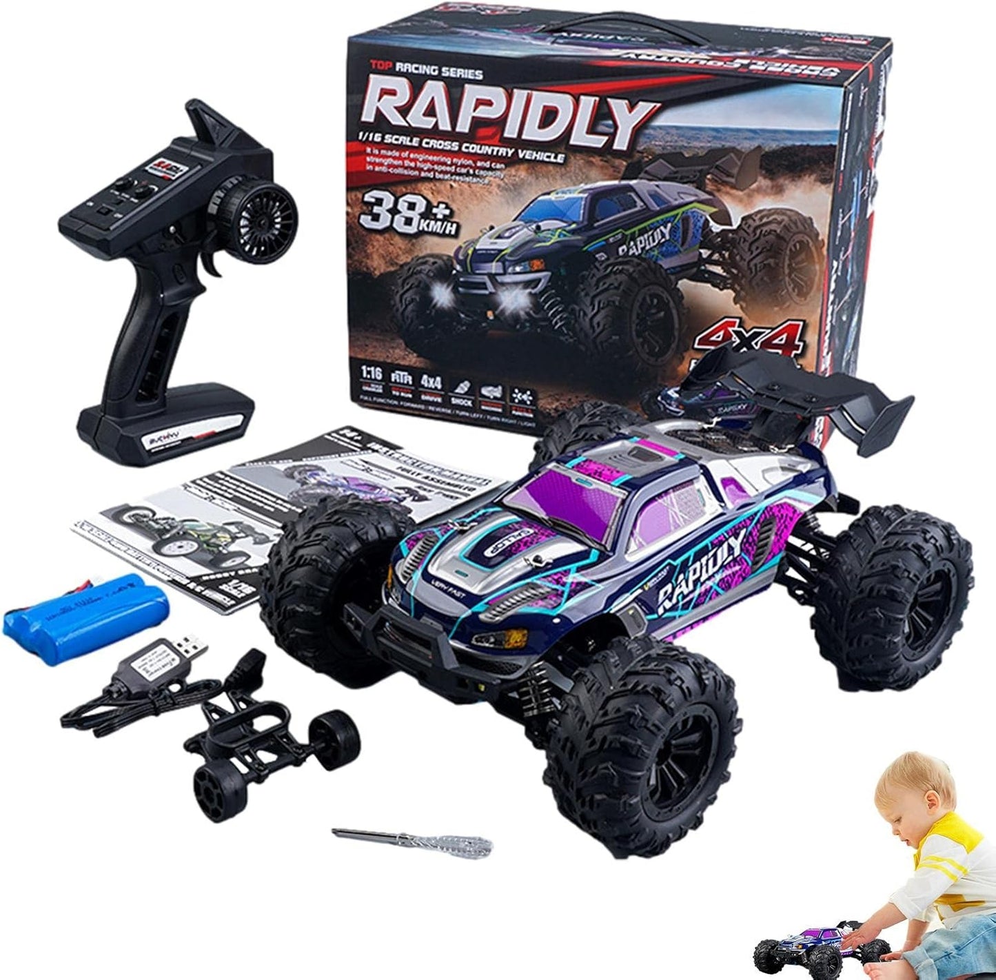 1/16 Scale RC Car, 16101 High-Speed 4WD RC Off-Road Truck with LED Lights, Full Proportional Control, Large Wheels for All-Terrain Racing