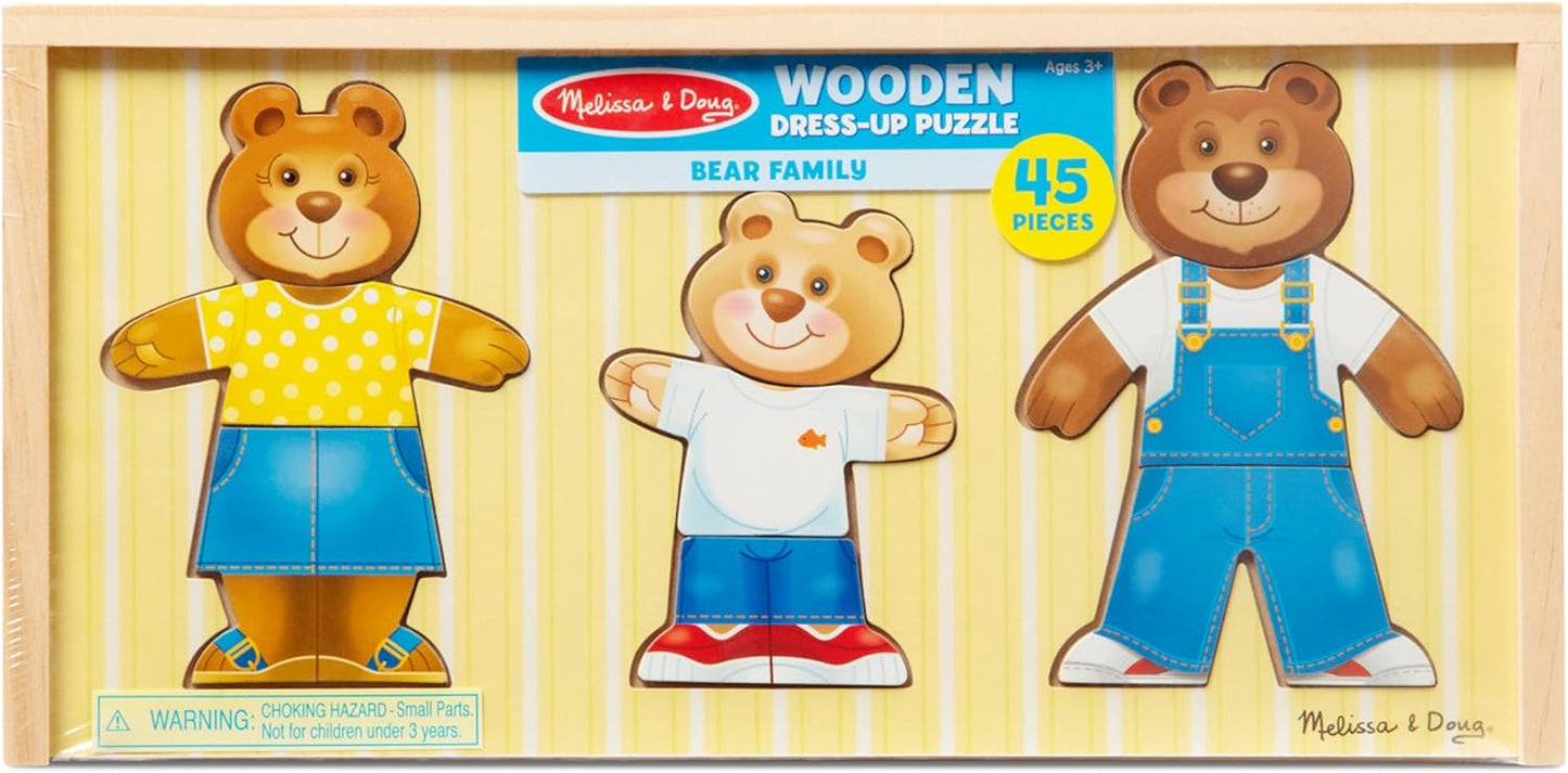 Wooden Bear Family Dress-Up Puzzle (45 pcs) - Mix 'n Match Teddy Bear Puzzle with Storage Case for Toddlers Ages 3+