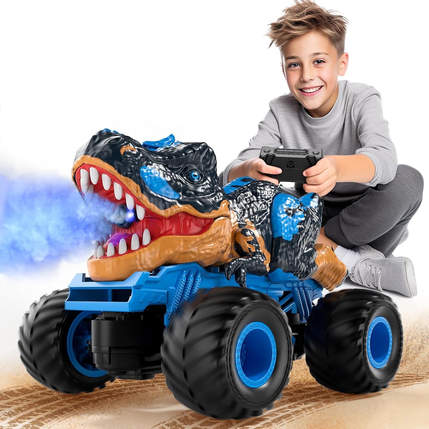 2.4GHz RC Dinosaur Truck for Kids Ages 3-8 - Dino Car with Lights, Sounds & Spray Features, Perfect Gift for Boys & Girls