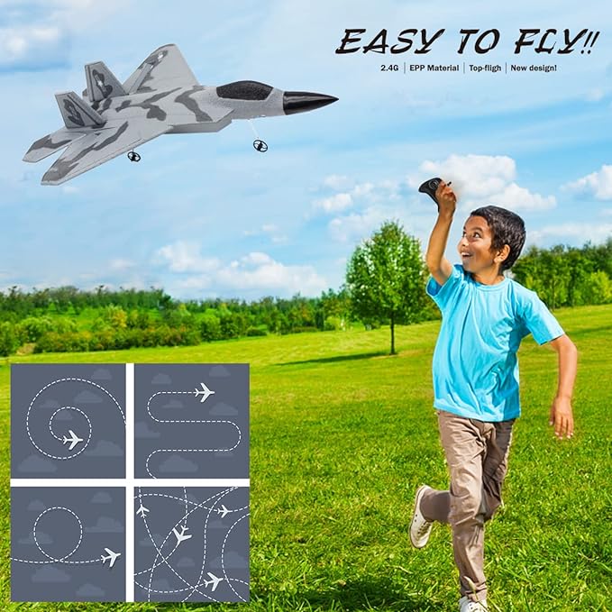 RC airplane kits,  RC Plane Remote Control,  F-22 Fighter Raptor Airplane with Lights, Airplane Anti-collision Soft Rubber Head Glider, 2.4Ghz 2CH Foam Drone Ready to Fly Aircraft Toy for Kids - Toyigo