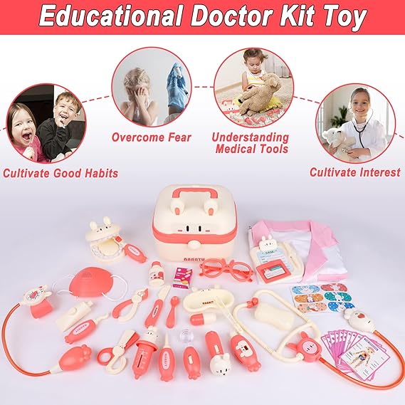 Doctor Kit for Toddlers 3-5,Gifts2U 39PCS Kids Doctor Playset with Electronic Stethoscope & Dress Up Costume,Dentist Kit for Kids with Bunny Carrying Box Medical Pretend Role Play Gifts for Girls Boys - Toyigo