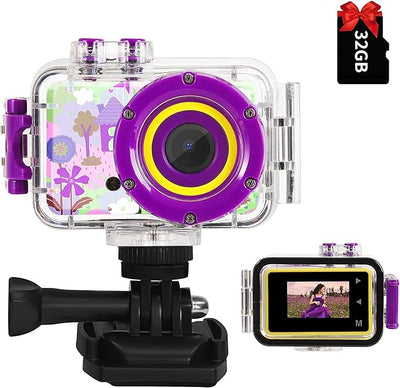 Kids Waterproof Camera Underwater Camera Toys for Girls Boys Age 3-8, 1080P Toddler Video Camera Gift - Children Portable Sports Camcorder for Outdoor Riding Skating Jumping with 32GB SD Card