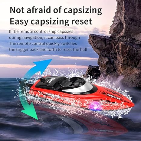 RC Racing Boat, High Speed Remote Control Boat for Pools/Lakes, Hobby Waterproof Rechargeable RC Boat for Kids Boys 8-12, LED Lighting, 2 Batteries